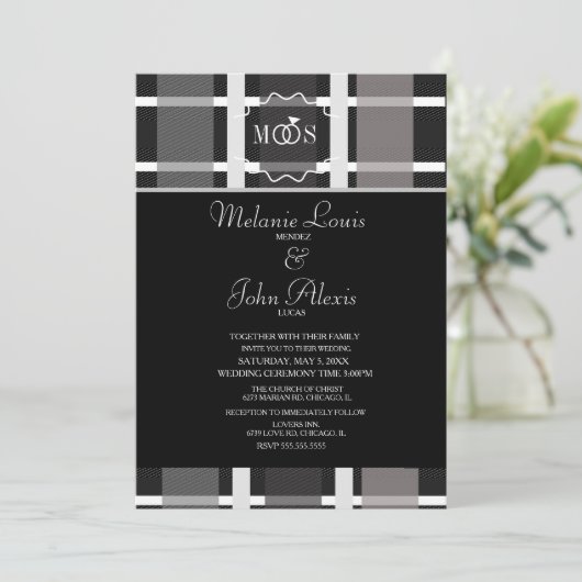 Modern Plays Grey Black White Ring Logo Wedding Kaart (Staand voorkant)