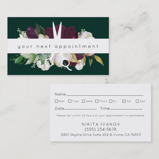 Modern Plum Floral Salon Scissors Logo Benoeming Visitekaartje (Voorkant / Achterkant)
