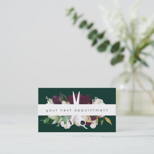 Modern Plum Floral Salon Scissors Logo Benoeming Visitekaartje (Staand voorkant)