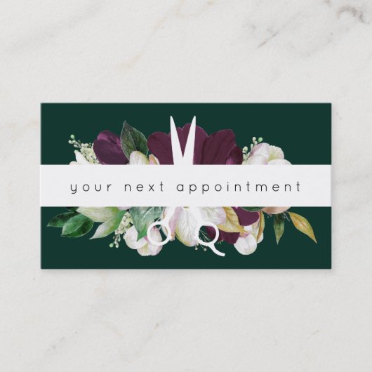 Modern Plum Floral Salon Scissors Logo Benoeming Visitekaartje (Voorkant)