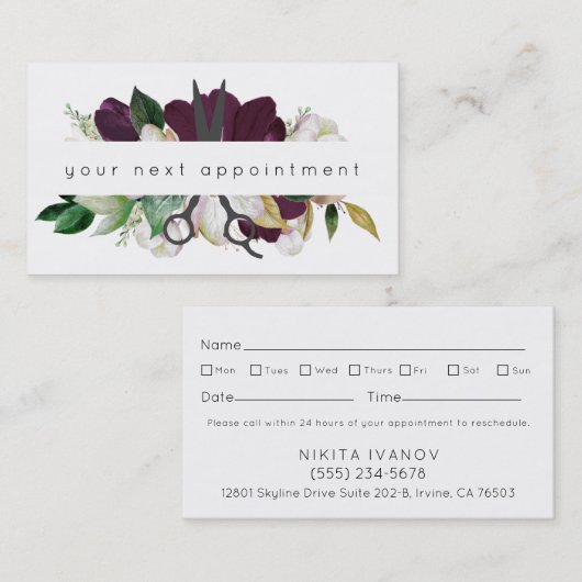 Modern Plum Floral Salon Scissors Logo Benoeming Visitekaartje (Voorkant / Achterkant)