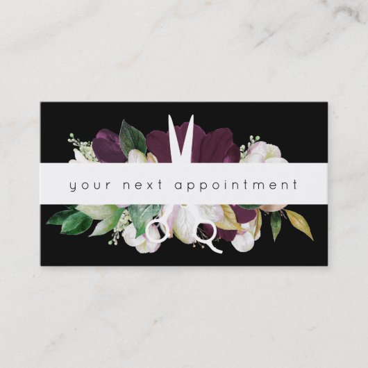 Modern Plum Floral Salon Scissors Logo Benoeming Visitekaartje (Voorkant)