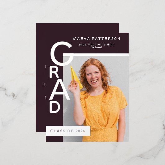 Modern Plum Graduation Party Invitation Silver Folie Uitnodiging Briefkaart (Voorkant / Achterkant)