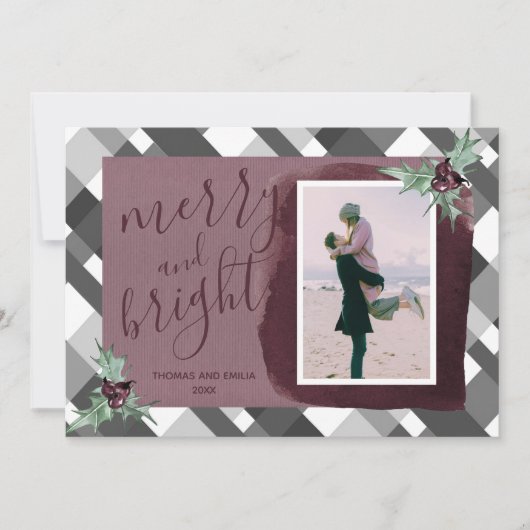 Modern Plum Grey Tartan Fotoserie Kerstmis Kaart (Voorkant)