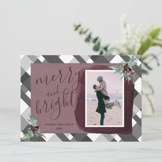 Modern Plum Grey Tartan Fotoserie Kerstmis Kaart (Staand voorkant)