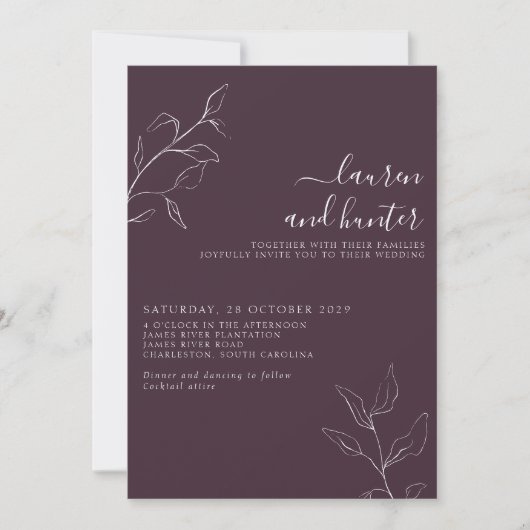Modern Plum Paars Floral Botanical Script Wedding Kaart (Voorkant)