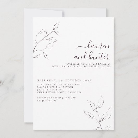 Modern Plum Paars Floral Botanical Script Wedding Kaart (Voorkant)