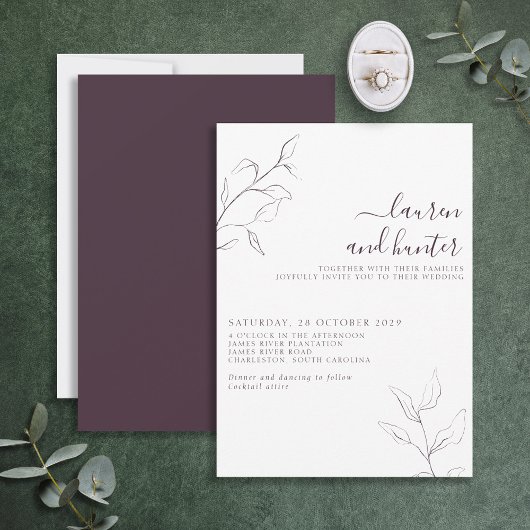 Modern Plum Paars Floral Botanical Script Wedding Kaart