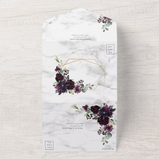 Modern Plum Paars Geometric Marble Floral Wedding All In One Uitnodiging (Buitenkant)