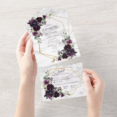Modern Plum Paars Geometric Marble Floral Wedding All In One Uitnodiging (Afscheurbaar)