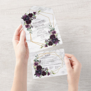 Modern Plum Paars Geometric Marble Floral Wedding All In One Uitnodiging