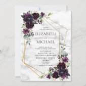 Modern Plum Paars Geometric Marble Floral Wedding Kaart (Voorkant)