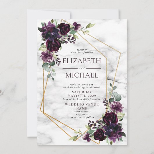Modern Plum Paars Geometric Marble Floral Wedding Kaart (Voorkant)