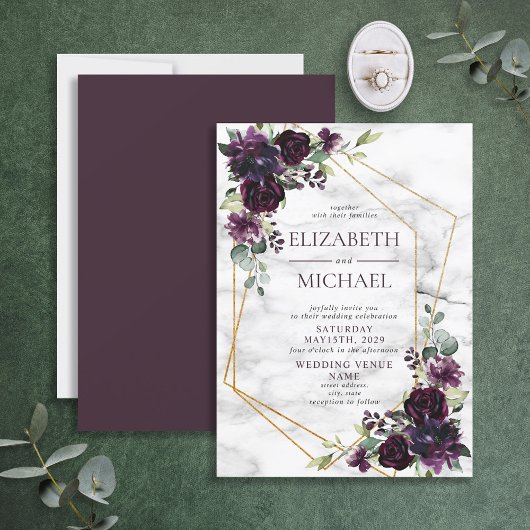 Modern Plum Paars Geometric Marble Floral Wedding Kaart