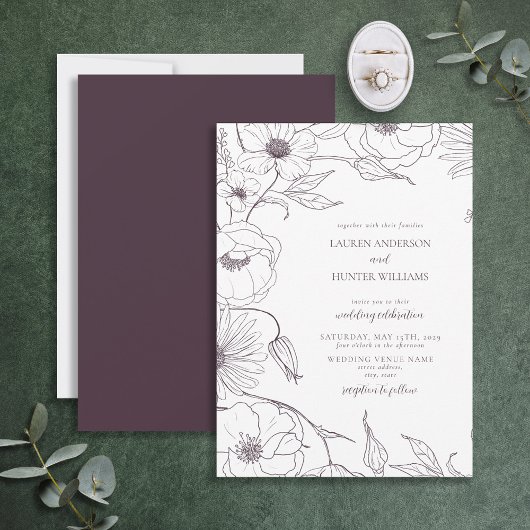 Modern Plum Paars Line Art Floral Wedding Kaart