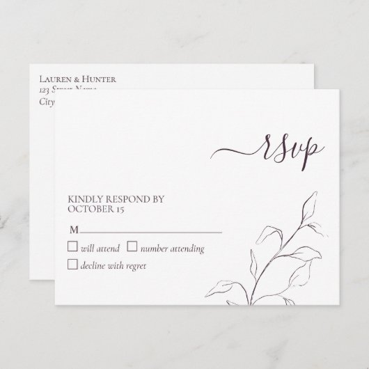 Modern Plum Paars Script Botanical No Menu RSVP (Voorkant / Achterkant)