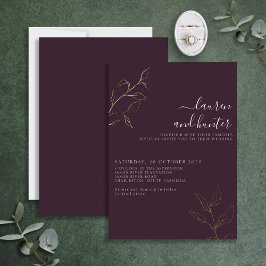 Modern Plum Paars Script Botanical Wedding Gold Folie Uitnodiging