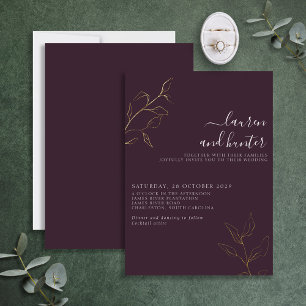Modern Plum Paars Script Botanical Wedding Gold Folie Uitnodiging