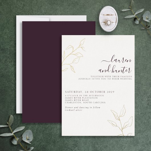 Modern Plum Paars Script Botanical Wedding Gold Folie Uitnodiging