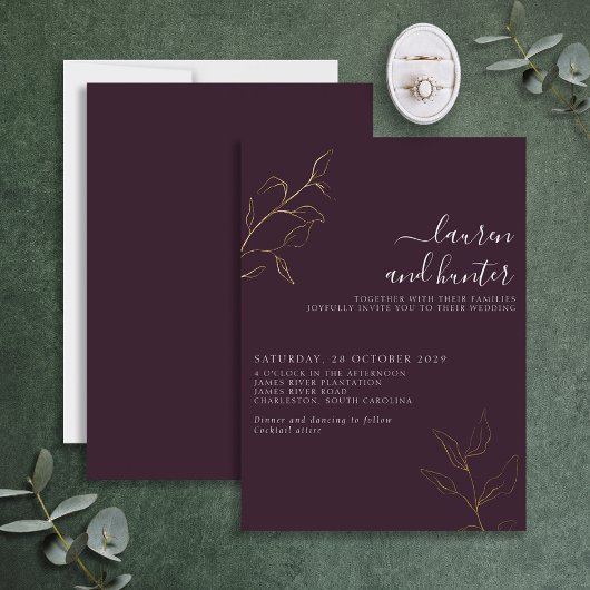 Modern Plum Paars Script Botanical Wedding Gold Folie Uitnodiging