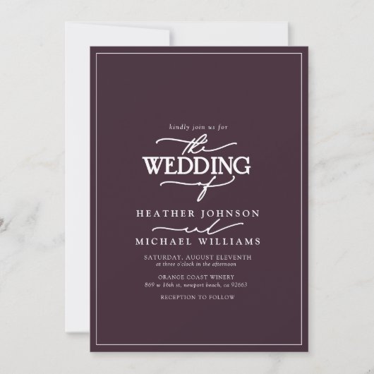 Modern Plum Paarse Calligraphy Wedding Invitation Kaart (Voorkant)