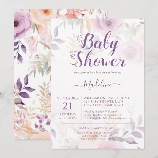 Modern Plum Paarse Floral Baby shower Kaart (Voorkant / Achterkant)
