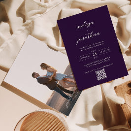 Modern Plum Paarse fotoscript QR-code bruiloft Kaart