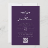 Modern Plum Paarse fotoscript QR-code bruiloft Kaart (Voorkant)