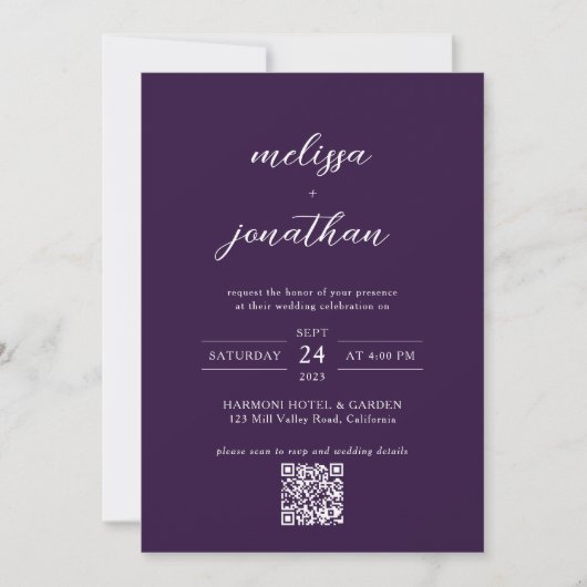 Modern Plum Paarse fotoscript QR-code bruiloft Kaart (Voorkant)