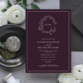 Modern Plum Paarse Leafy Crest Monogram Weddenscha Kaart