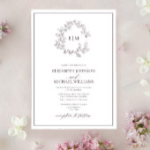 Modern Plum Paarse Leafy Crest Monogram Weddenscha Kaart