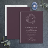 Modern Plum Paarse Leafy Crest Monogram Weddenscha Kaart