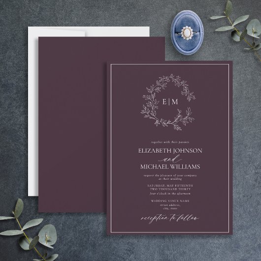 Modern Plum Paarse Leafy Crest Monogram Weddenscha Kaart