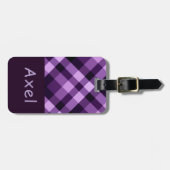 Modern Plum Paarse Plaid Monogram Bagagelabel (Voorkant horizontaal)