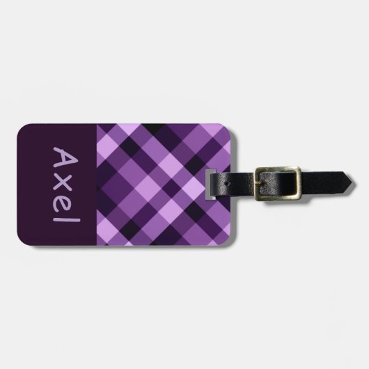 Modern Plum Paarse Plaid Monogram Bagagelabel (Voorkant horizontaal)