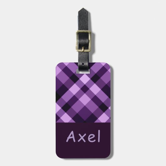 Modern Plum Paarse Plaid Monogram Bagagelabel (Voorkant verticaal)