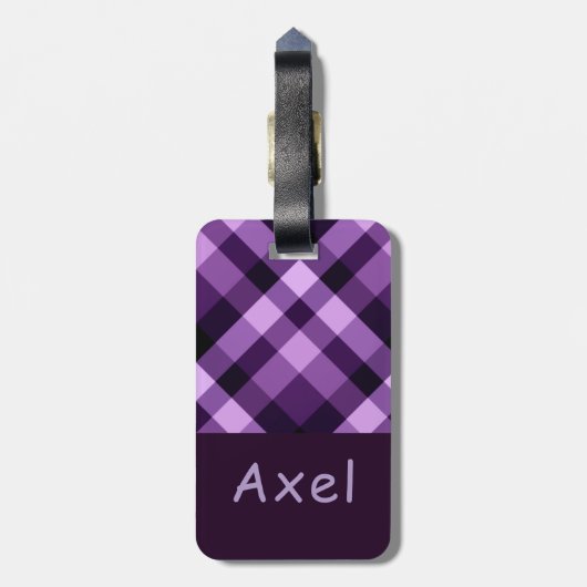 Modern Plum Paarse Plaid Monogram Bagagelabel (Achterkant verticaal)