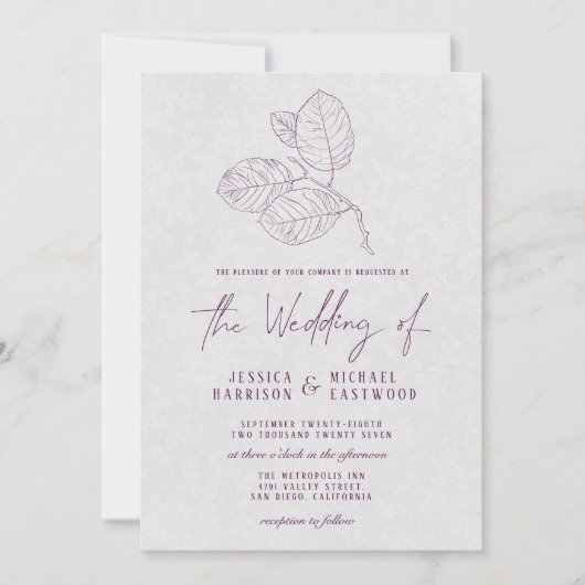 Modern Plum Silver Grey Botanical Elegant Wedding Kaart (Voorkant)