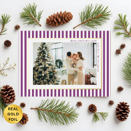 Modern Plum Stripes Photo Christmas Gold Folie Feestdagenkaart