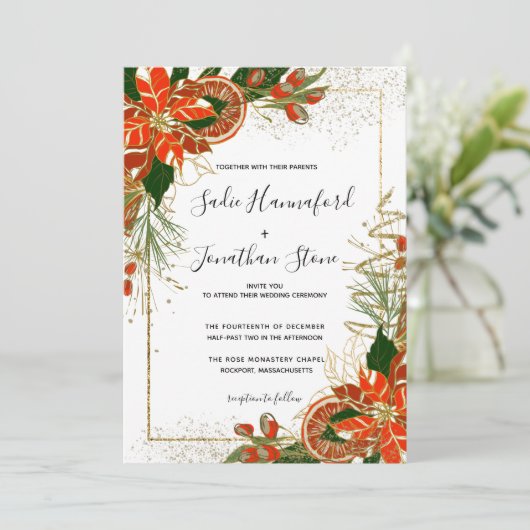 Modern Poinsettia Citrus Winter Wedding Invitation Kaart (Staand voorkant)