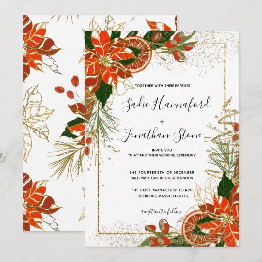 Modern Poinsettia Citrus Winter Wedding Invitation Kaart (Voorkant / Achterkant)