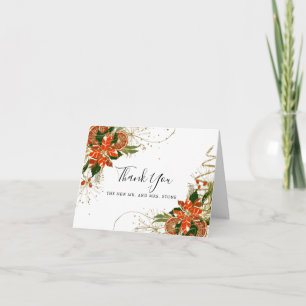 Modern Poinsettia Citrus Winter Weduwfoto Bedankkaart