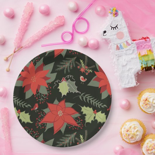Modern Poinsettia Holly Kerstmis Papieren Bordje (Feest)