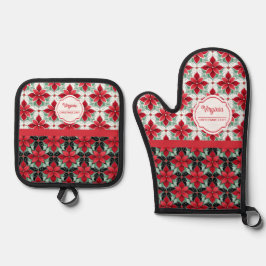 Modern Poinsettia patroon kerst chef Ovenwant & Pannenlap Set