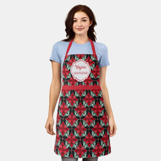 Modern Poinsettia pattern christmas chef black bg Schort (Gedragen)