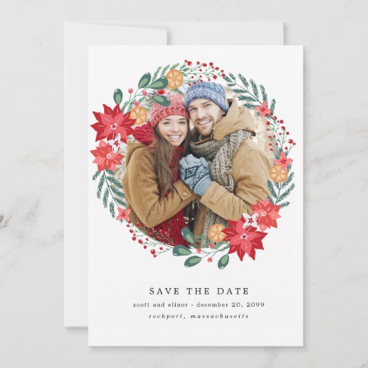 Modern Poinsettia Wreath Wedding Save the Date (Voorkant)