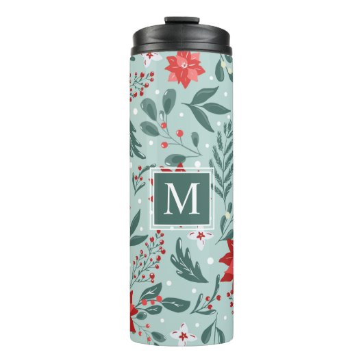 Modern Poinsettias en Berries Floral Monogram Thermosbeker (Voorkant)