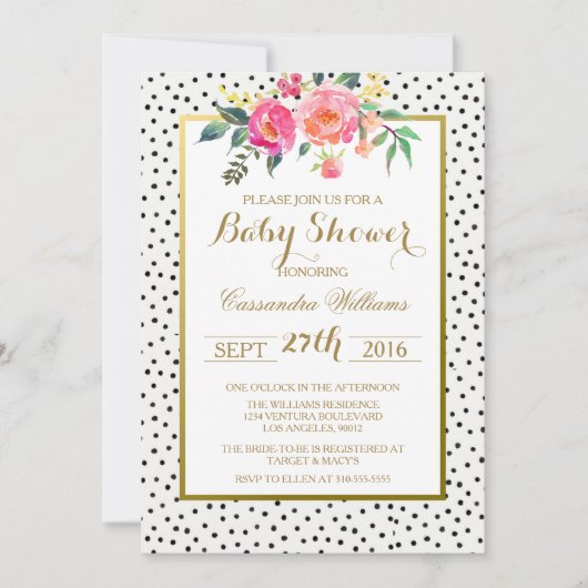 Modern Polka Dots and Gold Baby shower Invitation Kaart (Voorkant)