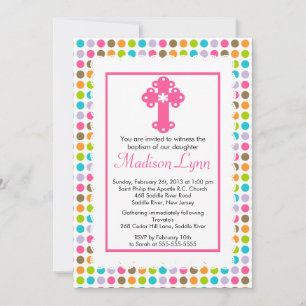 Modern Polka Dots Baby Girl Baptism Christening Kaart