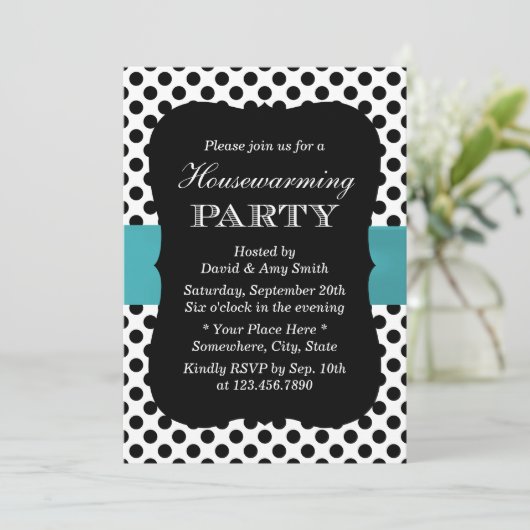 Modern Polka Dots Blauwgroen Ribbon Housewarming P Kaart (Staand voorkant)
